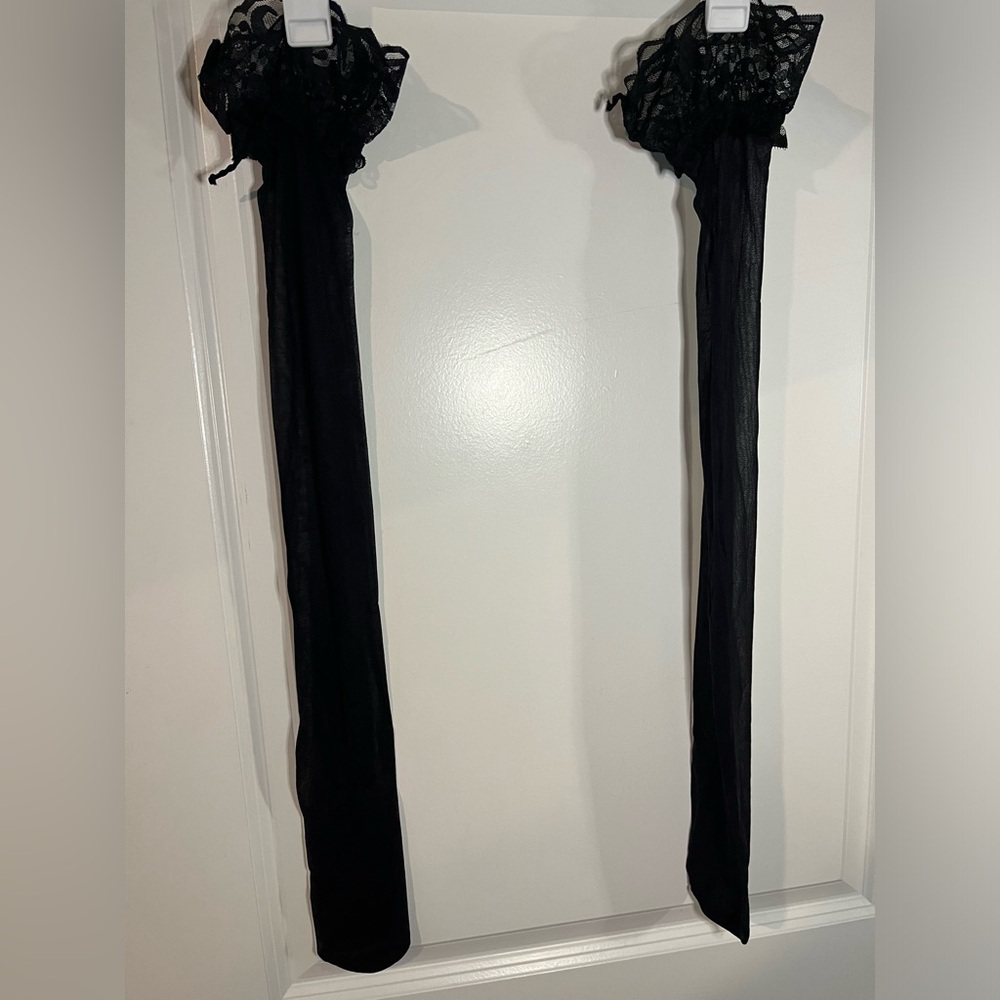 Unbranded Black Sheer Soft Stretchy Lace Trim Intimate Stockings One Size